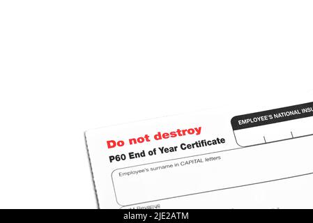 Englisch Steuerformular P60 Jahresendzertifikat von HM Revenue and Customs Stockfoto