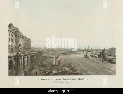 Ansicht des Somerset House und der Themse von Süden, Eine Südansicht des Somerset House, von der Waterloo Bridge (Titel auf Objekt), Druckerei: Joseph Constantine Stadler, (auf Objekt erwähnt), nach Zeichnung von: Thomas Hosmer Shepherd, (auf Objekt erwähnt), Verlag: Rudolph Ackermann, (auf Objekt erwähnt), London, 8-Apr-1817, Papier, Radierung, Höhe 442 mm × Breite 533 mm Stockfoto