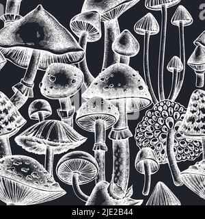 Wald Pilze nahtlose Muster Hintergrund-Design. Gravierte Ausführung. Von Hand gezogene Pilze. Stock Vektor