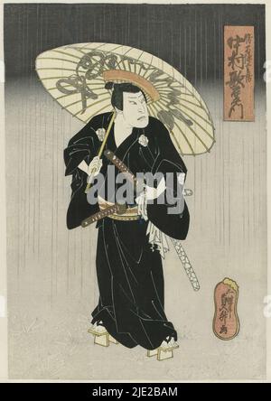 Nakamura Utaemon IV. Als Katsuma Gengobei im Stück 'Godairiki koi no fûjime', Naka Theatre, Druckerei: Utagawa Sadamasu, (auf Objekt erwähnt), Osaka, Aug-1837, Papier, Höhe 254 mm × Breite 380 mm Stockfoto