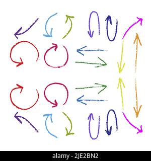 Zeichen und Symbole, Pfeil, kreisförmig, nach unten, nach oben, Gezeichnet in Bleistift, Freihand, Doodle Stil Pinsel, verschiedene Farben Elemente für Infografiken Stock Vektor