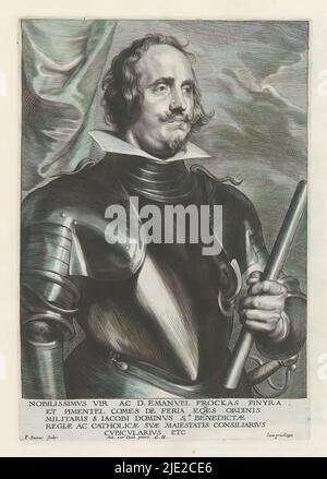 Portrait of Emanuel Frockas, Count of Feria, Icones Principum Vivorum Doctorum Pictorum Chalkographorum Statuariorum nec non Amatorum Pictoriae Artis Numero Centum ab Antonio van Dyck Pictore ad Vivum Expressae Eiusq: Sumptibus aeri incisae (Serientitel), Iconographie (Serientitel), dieser Druck ist Teil eines Albums., Printmaker: Paulus Pontius, (auf Objekt erwähnt), nach Malerei von: Anthony van Dyck, (auf Objekt erwähnt), Verlag: Gilles Hendricx, (auf Objekt erwähnt), Antwerpen, 1630 - 1641 und/oder 1645 - 1646, Papier, Gravur, Höhe 242 mm × Breite 167 mm Stockfoto