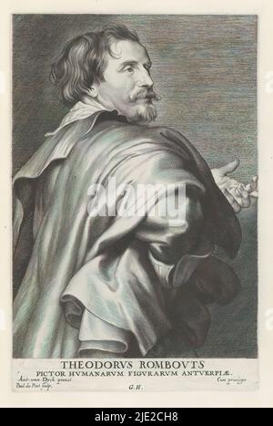 Porträt des Malers Theodoor Rombouts, Icones Principum Vivorum Doctorum Pictorum Chalkographorum Statuariorum nec non Amatorum Pictoriae Artis Numero Centum ab Antonio van Dyck Pictore ad Vivum Expressae Eiusq: Sumptibus aeri incisae (Serientitel), Iconographie (Serientitel), dieser Druck ist Teil eines Albums., Druckerei: Paulus Pontius, (auf Objekt erwähnt), nach Malerei von: Anthony van Dyck, (auf Objekt erwähnt), Verlag: Gilles Hendricx, (auf Objekt erwähnt), Antwerpen, 1630 - 1641 und/oder 1645 - 1646, Papier, Gravur, Höhe 238 mm × Breite 157 mm Stockfoto