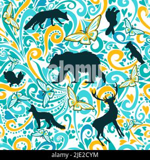 Seamless background with silhouettes of animals from the forest. Vector illustration Stock Vektor