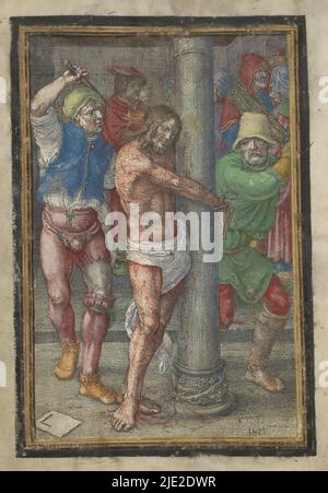 Auspeitschung, Passion of Christ (Serientitel), Christus wird an eine Säule gebunden und von zwei Männern mit Peitsche und Rute ausgepeitscht. Dieser Druck ist Teil eines handschriftlichen Gebetsbuches., Druckerei: Lucas van Leyden, (auf Objekt erwähnt), nach eigenem Entwurf von: Lucas van Leyden, Leiden, 1521, Papier, Gravur, Höhe 149 mm × Breite 105 mm Stockfoto