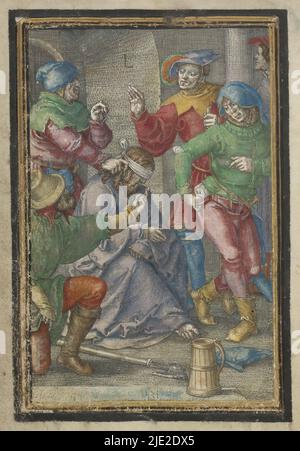 Spott, Passion of Christ (Serientitel), der mit verbundenen Augen verbundene Christus wird von vier Männern verspottet. Im Vordergrund ein Krug. Dieser Druck ist Teil eines handschriftlichen Gebetsbuches., Druckerei: Lucas van Leyden, (auf Objekt erwähnt), nach eigenem Entwurf von: Lucas van Leyden, Leiden, 1521, Papier, Gravur, Höhe 149 mm × Breite 105 mm Stockfoto