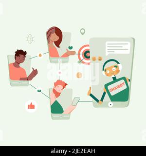 Chat bot soziale Netzwerke für Marketing-Design, flache Illustration. Bot-Symbol des virtuellen Assistenten. Stock Vektor