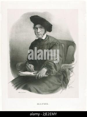 Selbstporträt, Francesco Hayez Zeichnung in einem Stuhl und geschmückt mit Malers Baskenmütze., Druckerei: Francesco Hayez, (erwähnt auf Objekt), nach Malerei von: Francesco Hayez, Drucker: Vassalli, (erwähnt auf Objekt), Milaan, c. 1831, Papier, Höhe 558 mm × Breite 434 mm Stockfoto