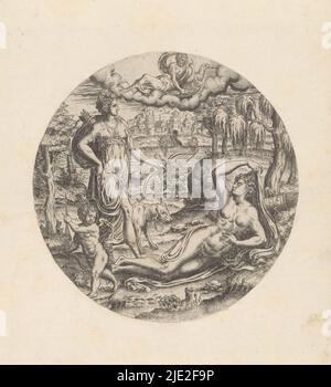 Diana und Endymion, Druckerei: Abraham de Bruyn, (erwähnt auf Objekt), c. 1550 - c. 1587, Papier, Radierung, Durchmesser 138 mm Stockfoto