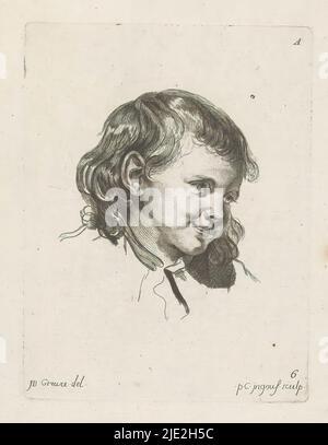 Kopf eines Kindes, nach rechts gedreht, Köpfe mehrerer Figuren (Serientitel), Ir. Cahier de Têtes de différens Caracteres (Serientitel), Druckerei: Pierre Charles Ingouf, (auf Objekt erwähnt), nach Gemälde von: Jean-Baptiste Greuze, (auf Objekt erwähnt), Verleger: Chéreau fils, Druckerei: Frankreich, nach Gemälde von: Frankreich, Verleger: Paris, c. 1766, Papier, Radierung, Gravur, Höhe 257 mm × Breite 164 mm, Höhe 152 mm × Breite 115 mm Stockfoto