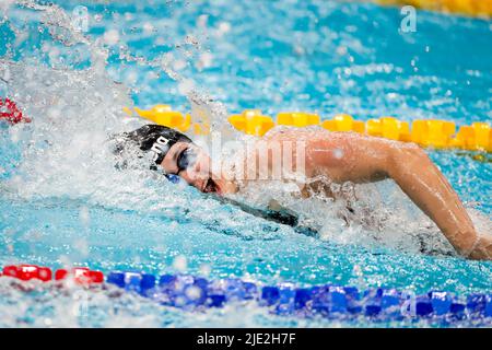 BUDAPEST, UNGARN - 24. JUNI: Tessa Giele aus den Niederlanden startet beim Mixed 4x100 m Freestyle Relay Finale während der FINA World Aquatics Championships Schwimmen in der Duna Arena am 24. Juni 2022 in Budapest, Ungarn (Foto von Nikola Krstic/Orange Picics) Credit: Orange Pics BV/Alamy Live News Stockfoto