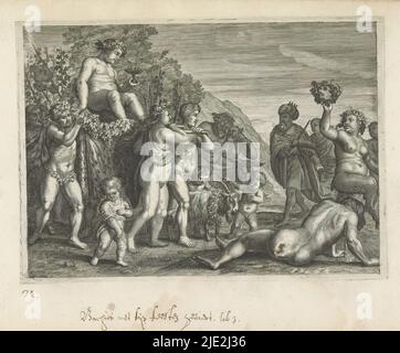 Triumphprozession von Bacchus, Metamorphosen von Ovid (Serientitel), Bacchus wird von seinen Anhängern getragen. Im Hintergrund wird der betrunkene Silenus auf seinem Esel von einem Satyr unterstützt. Vor Maenad und Putti. Eine Figur erbricht., Druckerei: Crispijn van de Passe (II), (Werkstatt von), Verlag: Crispijn van de Passe (II), (zugeschrieben), c. 1636 - 1670, Papier, Gravur, Höhe 160 mm × Breite 224 mm Stockfoto