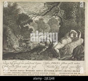 Death of Procris, Metamorphosen von Ovid (Serientitel), Cephal schlingt neben seine sterbende Frau Procris, die er versehentlich während der Jagd getroffen hat. Er hat sie gerade gefunden und sucht nach Kräutern, um ihre Wunde zu heilen. Im Hintergrund erzählt der Faun Procnis, dass ihr Mann eine geheime Geliebte haben soll. Unten eine vierzeilige lateinische Beschriftung und eine Widmung., Druckerei: Magdalena van de Passe, nach Malerei von: Adam Elsheimer, (erwähnt auf Objekt), Verleger: Crispijn van de Passe (II), (zugeschrieben), c. 1636 - 1670, Papier, Gravur, Höhe 207 mm × Breite 235 mm Stockfoto