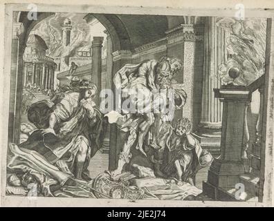 Flucht von Aeneas, Metamorphosen von Ovid (Serientitel), Aeneas und seine Familie fliehen vor dem brennenden Troja. Aeneas trägt seinen Vater Anchises auf dem Rücken und hält seinen Sohn Ascanius. Seine Frau Creusa folgt ihnen., Druckerei: Anonym, nach Malerei von: Federico Barocci, Verleger: Crispijn van de Passe (II), (zugeschrieben), Urbino, c. 1636 - 1670, Papier, Gravur, Höhe 188 mm × Breite 228 mm Stockfoto