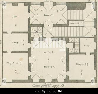 Plan des zweiten Stockwerks des Palazzo Interiano Pallavicini in Genua, Seconda pianta del Palazzo. G (Titel auf Objekt), dieser Druck ist Teil eines Albums., Druckerei: Nicolaes Ryckmans, Verlag: Peter Paul Rubens, Spaanse kroon, Antwerpen, 1622, Papier, Gravur, Höhe 183 mm × Breite 206 mm, Höhe 583 mm × Breite 435 mm Stockfoto