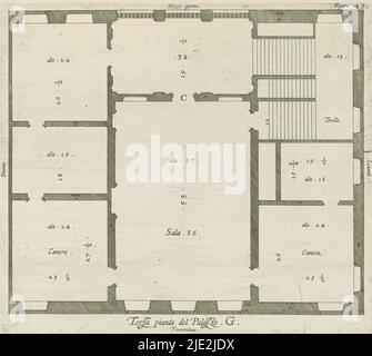 Plan des zweiten Stockwerks des Palazzo Interiano Pallavicini in Genua, Terza pianta del Palazzo. G (Titel auf Objekt), dieser Druck ist Teil eines Albums., Druckerei: Nicolaes Ryckmans, Verlag: Peter Paul Rubens, Spaanse kroon, Antwerpen, 1622, Papier, Gravur, Höhe 183 mm × Breite 207 mm, Höhe 583 mm × Breite 435 mm Stockfoto