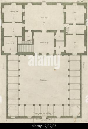 Karte des ersten Stockwerks der Villa Grimaldi-Sauli in Genua, Prima pianta del Palazzo. H (Titel auf Objekt), dieser Druck ist Teil eines Albums., Druckerei: Nicolaes Ryckmans, Verlag: Peter Paul Rubens, Spaanse kroon, Antwerpen, 1622, Papier, Gravur, Höhe 385 mm × Breite 275 mm, Höhe 583 mm × Breite 435 mm Stockfoto