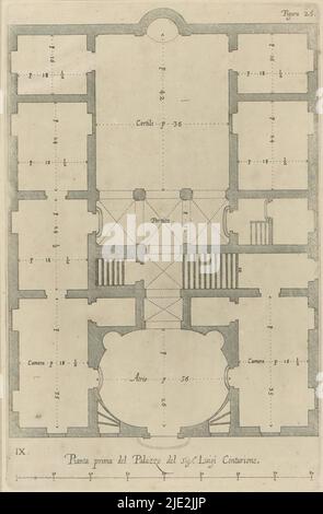 Plan des ersten Stockwerks des Palazzo Podestà in Genua, Pianta prima del Palazzo del sigr. Luigi Centurione (Titel auf Objekt), dieser Druck ist Teil eines Albums., Druckerei: Nicolaes Ryckmans, Verlag: Peter Paul Rubens, Spaanse kroon, Antwerpen, 1622, Papier, Gravur, Höhe 256 mm × Breite 166 mm, Höhe 583 mm × Breite 435 mm Stockfoto