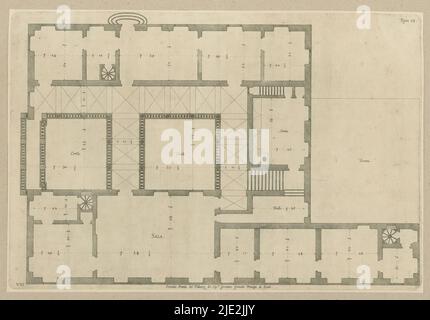 Plan des zweiten Stockwerks des Palazzo della Meridiana in Genua, Seconda pianta del Palazzo del sigr. Geronimo Grimaldo Principle de Ieraci (Titel auf Objekt), dieser Druck ist Teil eines Albums., Druckerei: Nicolaes Ryckmans, Verlag: Peter Paul Rubens, Spaanse kroon, Antwerpen, 1622, Papier, Gravur, Höhe 315 mm × Breite 465 mm, Höhe 583 mm × Breite 435 mm Stockfoto