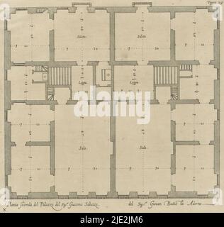 Plan des zweiten Stockwerks des Palazzo Cattaneo-Adorno in Genua, Pianta seconda del Palazzo del sigr. Giacomo Saluzzo / del sigr. Giovan Battista Adorno (Titel auf Objekt), dieser Druck ist Teil eines Albums., Druckerei: Nicolaes Ryckmans, Verlag: Peter Paul Rubens, Spaanse kroon, Antwerpen, 1622, Papier, Gravur, Höhe 219 mm × Breite 219 mm, Höhe 583 mm × Breite 435 mm Stockfoto