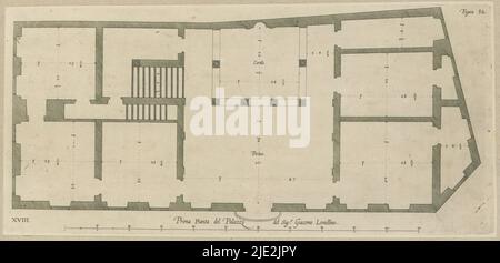 Plan des ersten Stockwerks des Palazzo Giacomo Lomellini in Genua, Prima pianta del Palazzo del sigr. Giacomo Lomellino (Titel auf Objekt), dieser Druck ist Teil eines Albums., Druckerei: Nicolaes Ryckmans, Verlag: Peter Paul Rubens, Spaanse kroon, Antwerpen, 1622, Papier, Gravur, Höhe 184 mm × Breite 401 mm, Höhe 583 mm × Breite 435 mm Stockfoto