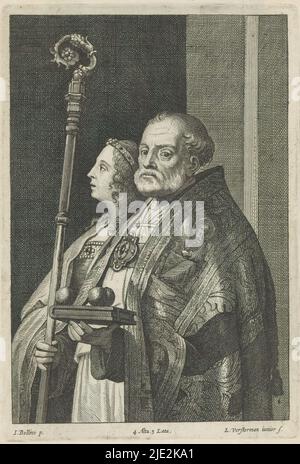 Der heilige Nikolaus von Myra und eine weibliche heilige trägt den heiligen Nikolaus in einer Bischofsrobe. In seinen Händen ein Bischofsstab und ein Buch mit drei goldenen Kugeln. Neben ihm eine weibliche heilige, möglicherweise Anastasia von Sirmium. Dieser Druck ist Teil eines Albums., Druckerei: Lucas Vorsterman (II), (erwähnt auf Objekt), nach Malerei von: David Teniers (II), nach Malerei von: Antonello da Messina, Druckerei: Antwerpen, nach Malerei von: Südniederland, nach Malerei von: Messina, nach Malerei von: Venedig, Verlag: Brüssel, 1660, Papier, Radierung, Höhe 226 mm × Breite 154 mm Stockfoto