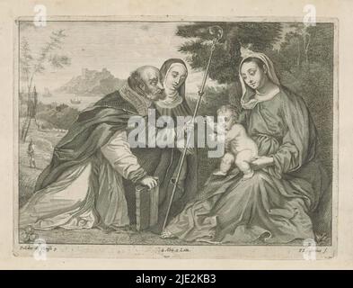 Der heilige Nikolaus von Myra kniet vor Maria und dem Christkind, in seinen Händen ein Buch und den bischöflichen Stab. Neben ihm kniet eine Nonne, möglicherweise eine weibliche heilige. Vorne drei goldene Kugeln. Im Hintergrund eine Landschaft. Dieser Druck ist Teil eines Albums., Druckerei: Peter van Liesebetten, (erwähnt auf Objekt), nach Malerei von: Polidoro da Lanciano, (erwähnt auf Objekt), Verlag: David Teniers (II), Druckerei: Antwerpen, nach Malerei von: Venedig, Verlag: Brüssel, 1660, Papier, Radierung, Gravur, Höhe 171 mm × Breite 231 mm Stockfoto