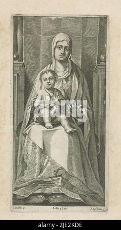 Sitzende Maria mit Christkind (Sedes sapientiae), Maria sitzt auf einem Thron. Auf dem Knie des Christkindes ist ein offenes Buch. Christus macht die Segensgeste. Dieser Druck ist Teil eines Albums., Druckerei: Peter van Liesebetten, (erwähnt auf Objekt), nach Malerei von: Antonello da Messina, nach Malerei von: Giovanni Bellini, (abgelehnte Zuordnung), Druckerei: Antwerpen, nach Malerei von: Messina, nach Malerei von: Venedig, Verlag: Brüssel, 1660, Papier, Radierung, Gravur, Höhe 228 mm × Breite 115 mm Stockfoto