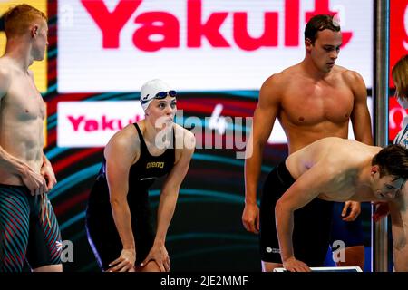 BUDAPEST, UNGARN - 24. JUNI: Tessa Giele aus den Niederlanden schaut beim Mixed 4x100m Freestyle Relay Finale während der FINA World Aquatics Championships Schwimmen in der Duna Arena am 24. Juni 2022 in Budapest, Ungarn (Foto von Nikola Krstic/Orange Picics) Credit: Orange Pics BV/Alamy Live News Stockfoto