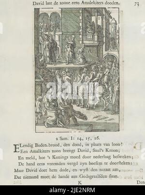 Enthauptung von Jakobus dem Größeren, David lässt die Amalkiten töten, die Saul den Gnadenstrich verliehen, Samuel salbt Saul zum König über Israel (Titel auf Objekt), Enthauptung von Jakobus dem Größeren, aber hier wird die Enthauptung der Amalkiter dargestellt, die Saul den Gnadenstrich verliehen haben. Es gibt Buchstaben in der Nähe verschiedener Teile der Szene. Über der Szene befindet sich ein Titel. Darunter sechs Verse und ein Hinweis auf 2. Samuel 1: 14-16. Der Druck ist Teil eines Albums., Druckerei: Christoffel van Sichem (II), (auf Objekt erwähnt), nach Druck von: Philips Galle, nach Gestaltung von: Jan van der Straet, Amsterdam, 1629 und/oder Stockfoto