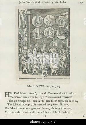 Christus erscheint den Aposteln zum letzten Mal, Letztes Abendessen, Jesus sagt den Verrat von Judas (Titel auf Objekt) voraus, Christus erscheint den Aposteln, während sie essen. Er wirft ihnen ihren Unglauben und ihre Hartnäckigkeit vor und weist sie an, durch die Welt zu gehen. Die sechs Kreise darüber stellen den Inhalt des Evangeliums dar. Im Hintergrund wird Christus in den Himmel aufgenommen. Hier wird das Bild als Darstellung des Letzten Abendmahls verwendet, wo Christus vorhersagt, dass einer seiner Jünger ihn überliefern wird. Es gibt Buchstaben in der Nähe verschiedener Elemente der Szene. Über dem Bild befindet sich ein Stockfoto