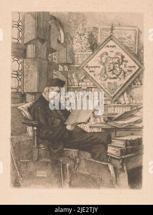 Porträt von Auguste Antoine Edouard de Bruyne, abgebildet in seiner Bibliothek in seinem Haus in der lange Ridderstraat, sitzt Auguste de Bruyne, bibliophiler Kaufmann aus Mechelen. Er sitzt auf einem Stuhl mit einem Druck in den Händen. Auf dem Bücherregal befinden sich eine Statue und ein Gemälde. Im Raum hängt ein Wappen an einer Kette mit den Instrumenten eines Grafikers., Druckerei: Willem Geets, 1886 - 1887, Papier, Radierung, Trockenpunkt, Höhe 316 mm × Breite 238 mm Stockfoto