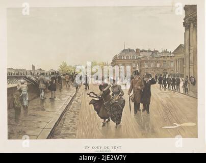 Blick auf den Quai de Conti in Paris, UN Coup de vent (Titel auf Objekt), Blick auf den Quai de Conti mit dem Platz vor dem Bibliothèque Mazarine auf der rechten Seite und der Pont des Arts auf der linken Seite. Im Vordergrund zwei Frauen mit wabenden Röcken. Die Frau auf der linken Seite hat eine Schriftrolle in ihren Händen, möglicherweise ein aufgerolltes Poster. Auf dem Kai links die Stände der Buchhändler., Druckerei: Anonym, nach Entwurf von: Jean Béraud, (auf Objekt erwähnt), c. 1889, Papier, Höhe 377 mm × Breite 493 mm Stockfoto