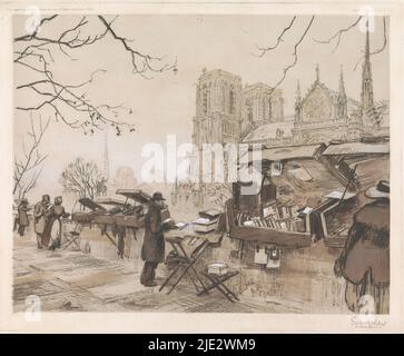 Blick auf den Quai de Montebello in Paris, Blick auf den Quai de Montebello mit Bücherständen an der Kaimauer. Im Hintergrund die Notre-Dame., Druckerei: Eugène Véder, (signiert vom Künstler), Drucker: Leblanc & Trautmann, (erwähnt auf Objekt), Paris, 1886 - 1936, Papier, Bürste, Höhe 292 mm × Breite 358 mm Stockfoto