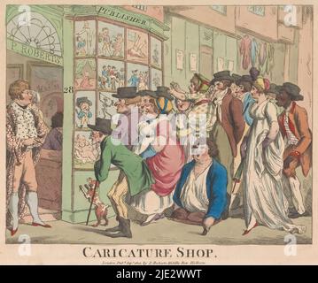 Menge vor Piercy Roberts' Fenster in London, Caricature Shop (Titel auf Objekt), Menge vor dem Fenster des Karikaturisten, Grafikers und Verlegers Piercy Roberts, 28 Middle Row, Holborn. Die Menge umfasst ein Mädchen, das ihre Hände zu den Drucken ausstreckt, einen Mann ohne Beine und einen schwarzen Mann. In der Tür steht ein Mann, wahrscheinlich Percy Roberts selbst., Druckerei: Anonym, Verlag: Piercy Roberts, (auf Objekt erwähnt), Sep-1801, Papier, Radierung, Höhe 272 mm × Breite 360 mm Stockfoto