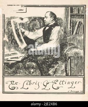 Exlibris von Pawel Ettinger, Porträt des polnisch-russischen Sammlers Pawel Ettinger, Bilder auf einem Sofa. Neben dem Sofa ein Bücherregal., Druckerei: Leonid Ossipowisch Pasternak, (erwähnt auf Objekt), nach Entwurf von: Leonid Ossipowisch Pasternak, (erwähnt auf Objekt), 1902, Papier, Höhe 109 mm × Breite 98 mm Stockfoto