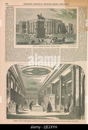 Interieur des Buchhänders D. Appleton & Co. In New York, zwei Abbildungen auf einem Blatt. Über der Reiterstatue von Wilhelm III., Prinz von Orange, auf dem Platz vor dem Trinity College in Dublin. Unterhalb des Innenraums der Buchhandlung D. Appleton & Co. In New York. Nummeriert oben links: 396. Text auf Rekto und Verso., Druckerei: Monogrammist W (prentmaker, 19e eeuw), (erwähnt auf Objekt), Druckerei: Whitney Jocelyn Annin, (erwähnt auf Objekt), New York (Stadt), 1851 - 1854, Papier, Höhe 383 mm × Breite 261 mm Stockfoto