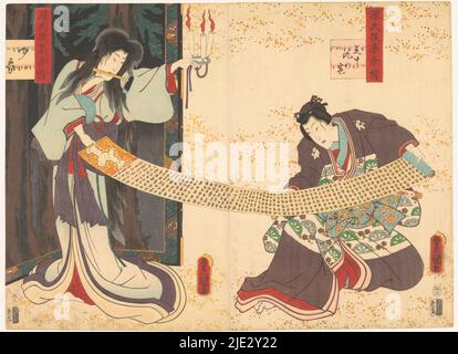 Zwei Schauspieler, einer von ihnen in der Rolle des Geistes, zusammen halten sie eine Handrolle., Druckerei: Utagawa Toyokuni (I), (erwähnt auf Objekt), Japan, 1779 - 1825, Papier, Farbholzschnitt, Höhe 355 mm × Breite 487 mm Stockfoto