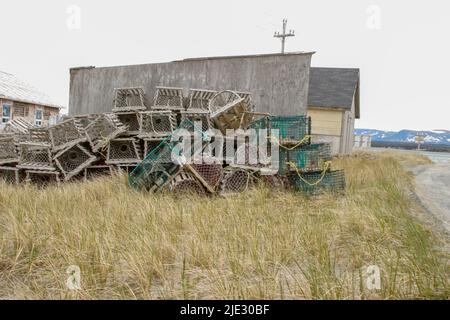 Leere Hummer- und Krabbenfallen entlang der Straße in neufundland Stockfoto