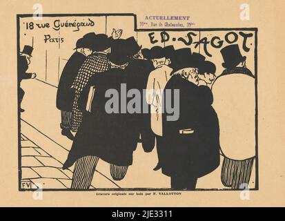 Visitenkarte des Druckhändlers Edmond Sagot in Paris, Menschen auf dem Bürgersteig vor Edmond Sagots Schaufenster., Druckerei: Anonym, Druckerei: Félix Edouard Vallotton, (auf Objekt erwähnt), Edmond Sagot, Paris, 1892, Papier, Höhe 249 mm × Breite 326 mm Stockfoto