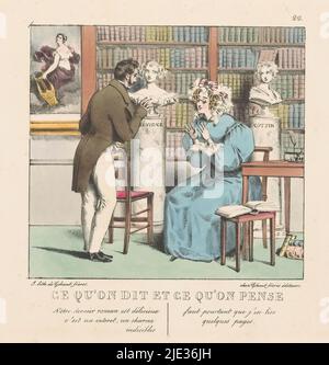 Mann im Gespräch mit einem französischen Schriftsteller, What People Say and what they think (Serientitel), CE qu'on dit et ce qu'on pense (Serientitel auf Objekt), vor dem Bücherregal sind Büsten der Schriftsteller Madame de Sévigné und Sophie Ristaud Cottin., Druckerei: Jean Gabriel Scheffer, (auf Objekt erwähnt), Drucker: Gihaut Frères, (auf Objekt erwähnt), Herausgeber: Gihaut Frères, (Auf Objekt erwähnt), Paris, 1829, Papier, Höhe 223 mm × Breite 264 mm Stockfoto