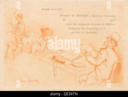 Ankündigung der Gründung von Henry Flourys Buchhandlung und Verlag in Paris, ein Mann mit einem Hut und eine Frau mit einem Regenschirm blicken auf Bücher, die hinter einem Tisch sitzen. Hinter ihnen nimmt ein rauchender Mann mit einem Stock unter dem Arm ein Buch aus einem Schrank., Druckerei: Henri Boutet, (auf Objekt erwähnt), in oder vor April-1895, Papier, Trockenpunkt, Buchdruck, Höhe 140 mm × Breite 200 mm Stockfoto