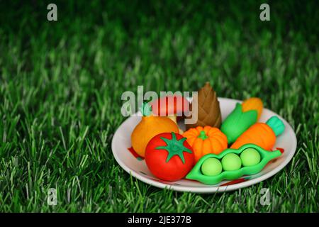 Miniatur-Modell von bunten Gemüse Anordnung auf einem weißen Teller Stockfoto