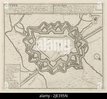 Karte von Geldern, Gelder, die Hauptstadt aller Gelderland (...) 1703 an den König von Preußen (Titel auf Objekt), Les Principales Forteresses & Villes Fortes, d'Espagne, de France, d'Italie, de Savoië, d'Allemagne & des Païs-Bas (. ..) / Naaukeurige afbeeldingen der Voornaam Sterke Steden en Vestingen in Spanien, Vrankryk, Italien, Savoyen, Duytsland en Nederlanden (...) (Serientitel), Karte der Stadt Geldern (Gelder), belagert und von preußischen Truppen am 17. Dezember 1703 erobert. Mit Texten in Niederländisch und Französisch. Der Druck ist Teil eines Albums., Druckerei: Abraham Allard, Print ma Stockfoto