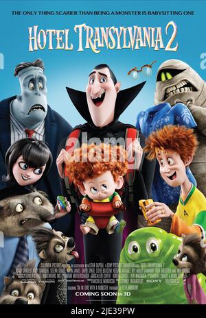 FRANK, MAVIS, WAYNE, DRACULA, DENNIS, MUMIE, POSTER, HOTEL TRANSYLVANIA 2, 2015 Stockfoto