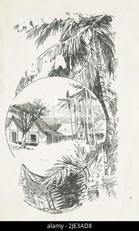 Banddesign für: Thérèse Hoven, in Sarong und Kabaai, 1892-1894, in einer kreisförmigen Ansicht von vier Häusern in einer Landschaft in den holländischen Ostindien. Rund um den Kreis Palmen und ein ungefaltet drapierter Sarong., Hersteller: Anonym, nach Zeichnung von: Willem Wenckebach, (auf Objekt erwähnt), in oder vor 1892 - c. 1894, Papier, Druckblock, Höhe 206 mm × Breite 129 mm, Höhe 223 mm × Breite 130 mm Stockfoto