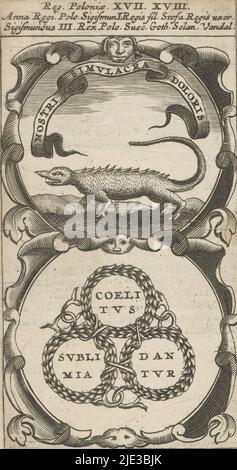 Krokodil / drei verbundene Lorbeerkränze, Nostri simulacra Doloris / Coelitus Sublimia Dantur (Titel auf Objekt), Symbola Divina et Humana Pontificum Imperatorum Regum (Serientitel), ein Emblem mit zwei Darstellungen. Über einem Krokodil in einer Landschaft. Unten drei verbundene Lorbeerkränze mit Text. Dies sind Mottos von Anna Jagiellon und Sigismund III Vasa aus Polen., Druckerei: Anonym, nach Druck von: Aegidius Sadeler (II), 1666, Papier, Gravur, Buchdruck, Höhe 122 mm × Breite 65 mm Stockfoto