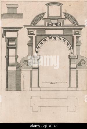 Tor zum Friedhof an der Zuiderkerk, Architectura moderna ofte Bouwinge van onsen tyt (Serientitel), Rück- und Seitenansichten und Plan. Plate V., Druckerei: Anonym, nach Entwurf: Hendrick de Keyser (I), Verlag: Cornelis Danckerts (I), Amsterdam, 1631, Papier, Gravur, Höhe 324 mm, Breite 228 mm Stockfoto