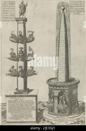 Columna rostrata und Meta sudans, Speculum Romanae Magnificentiae (Serientitel), links: Die Columna rostrata, eine Ehrensäule mit Verzierungen in Form von Requisiten besiegter karthagischer Schiffe, die zu Ehren von Gaius Duilius auf dem Forum Romanum errichtet wurde. Rechts: Die Meta Sudans, ein monumentaler Brunnen, der auf dem Platz südwestlich des Kolosseums stand. Kartuschen oben links und rechts mit Text. Der Druck ist Teil eines Albums., Druckerei: Anonym, Verlag: Antonio Lafreri, (auf Objekt erwähnt), Druckerei: Italien, Verlag: Rome, 1575, Papier, Gravur, Höhe 451 mm × Breite 306 mm Stockfoto
