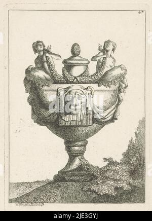 Vase, Cinquieme Suite de Vases (Serientitel), Druck aus einer nummerierten Serie mit zwölf Vasen von Allou und Nicolet., Druckerei: Adélaïde Allou, (Objektbezeichnung), Verlag: Pierre François Basan, Druckerei: Frankreich, Verlag: Paris, 1771, Papier, Ätzen, Höhe 206 mm × Breite 144 mm, Höhe 348 mm × Breite 262 mm Stockfoto